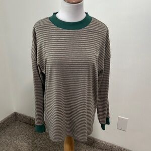 Striped Crewneck Long-Sleeve Top in Green and Taupe